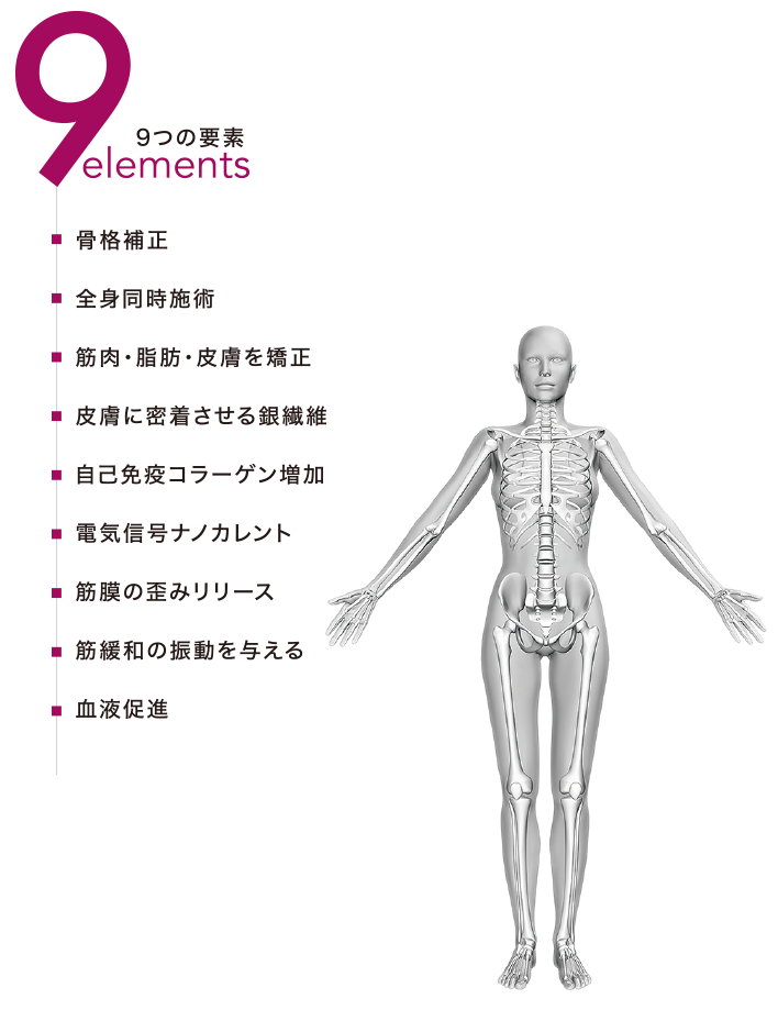 9つの要素 - 骨格補正、全身同時施術、筋肉・脂肪・皮膚を矯正、皮膚に密着させる銀繊維、自己免疫コラーゲン増加、電気信号ナノカレント、筋膜の歪みリリース、筋緩和の振動を与える、血液促進